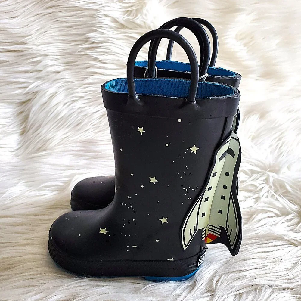 Carter's Kid's Black/Blue 4-D Space Rocket Waterproof Unisex Rain Boots SZ 4